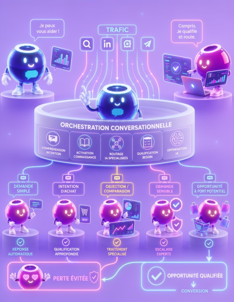 Orchestration conversationnelle HelloCoco — du trafic à la conversion